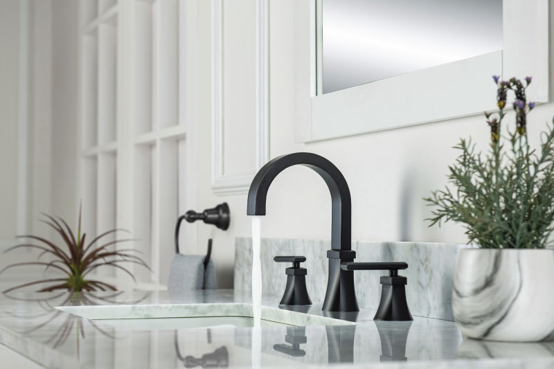 matte black faucet on white granite