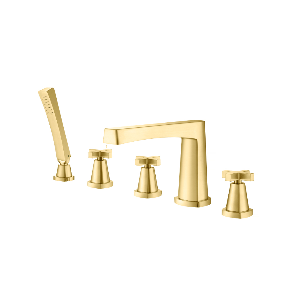 Five Hole Deck Mounted Roman Tub Faucet With Hand Shower | Satin Brass PVD