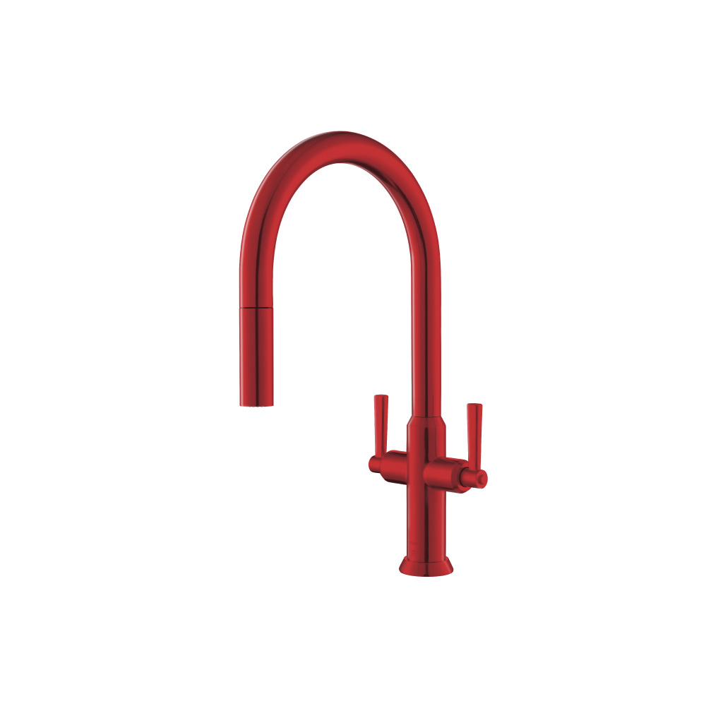 Velox - Dual Spray Stainless Steel Two Handle Kitchen Faucet With Pull Out | Deep Red